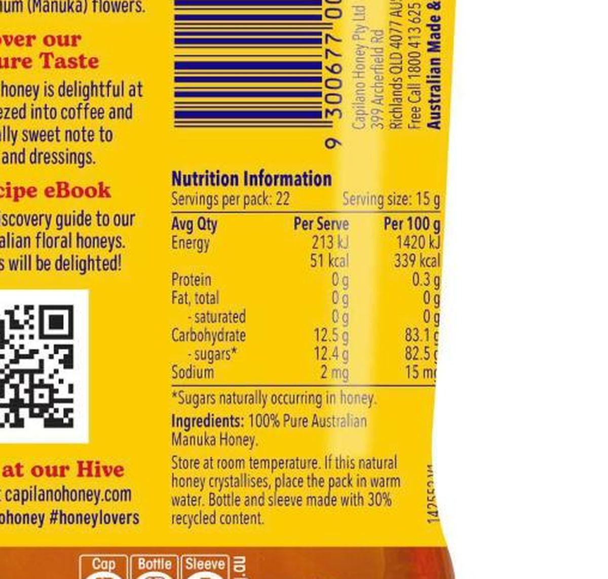 Pack photograph of Capilano Manuka Multifloral Honey Squeeze 340g showing the printed nutrition panel