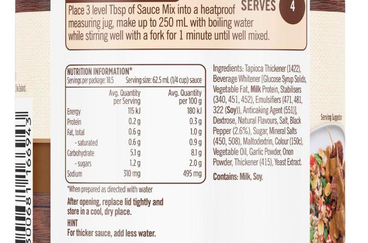 Pack photograph of Gravox Pepper Sauce Mix Tin MIX PEPPER SAUCE 140g showing the printed nutrition panel