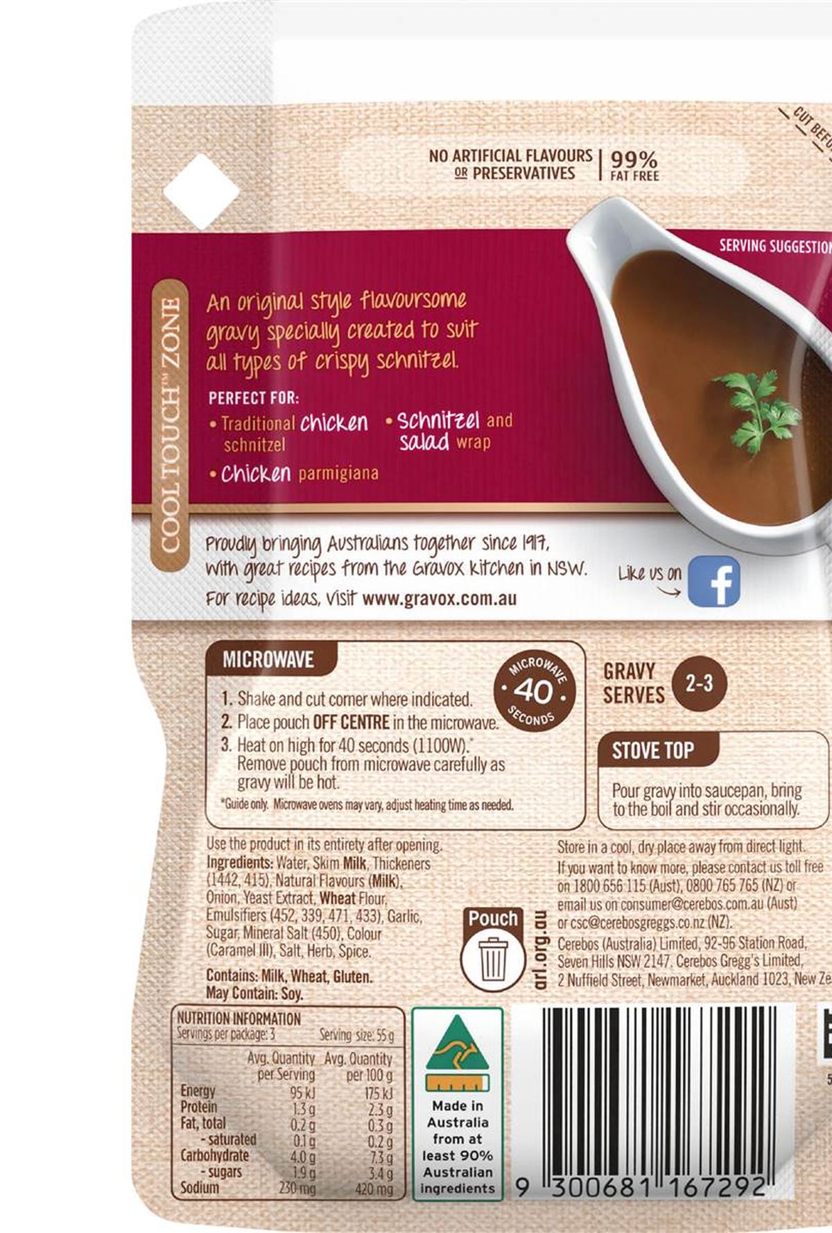 Pack photograph of Gravox Schnitzel Liquid Gravy Pouch 165g showing the printed nutrition panel