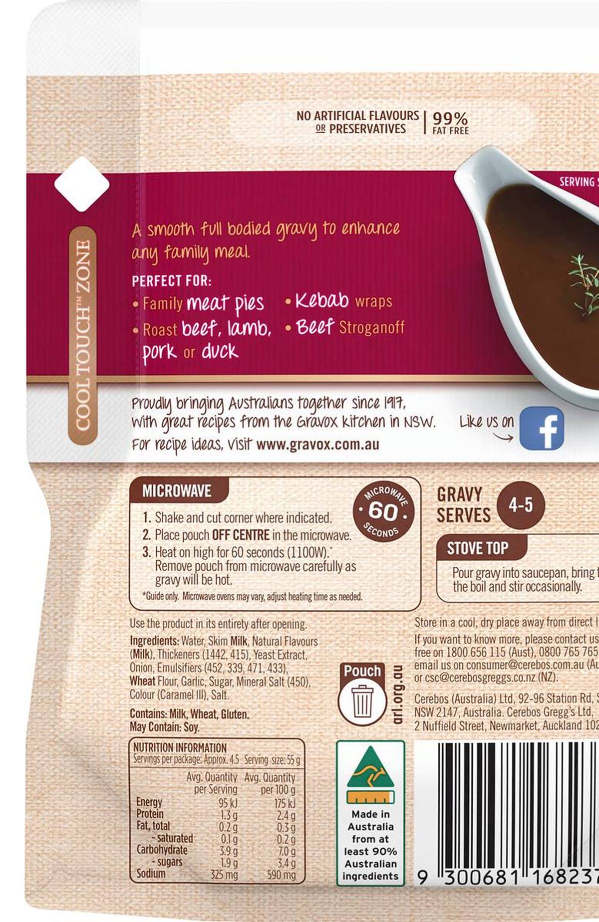 Pack photograph of Gravox Tradititonal Liquid Family Pack 250g showing the printed nutrition panel