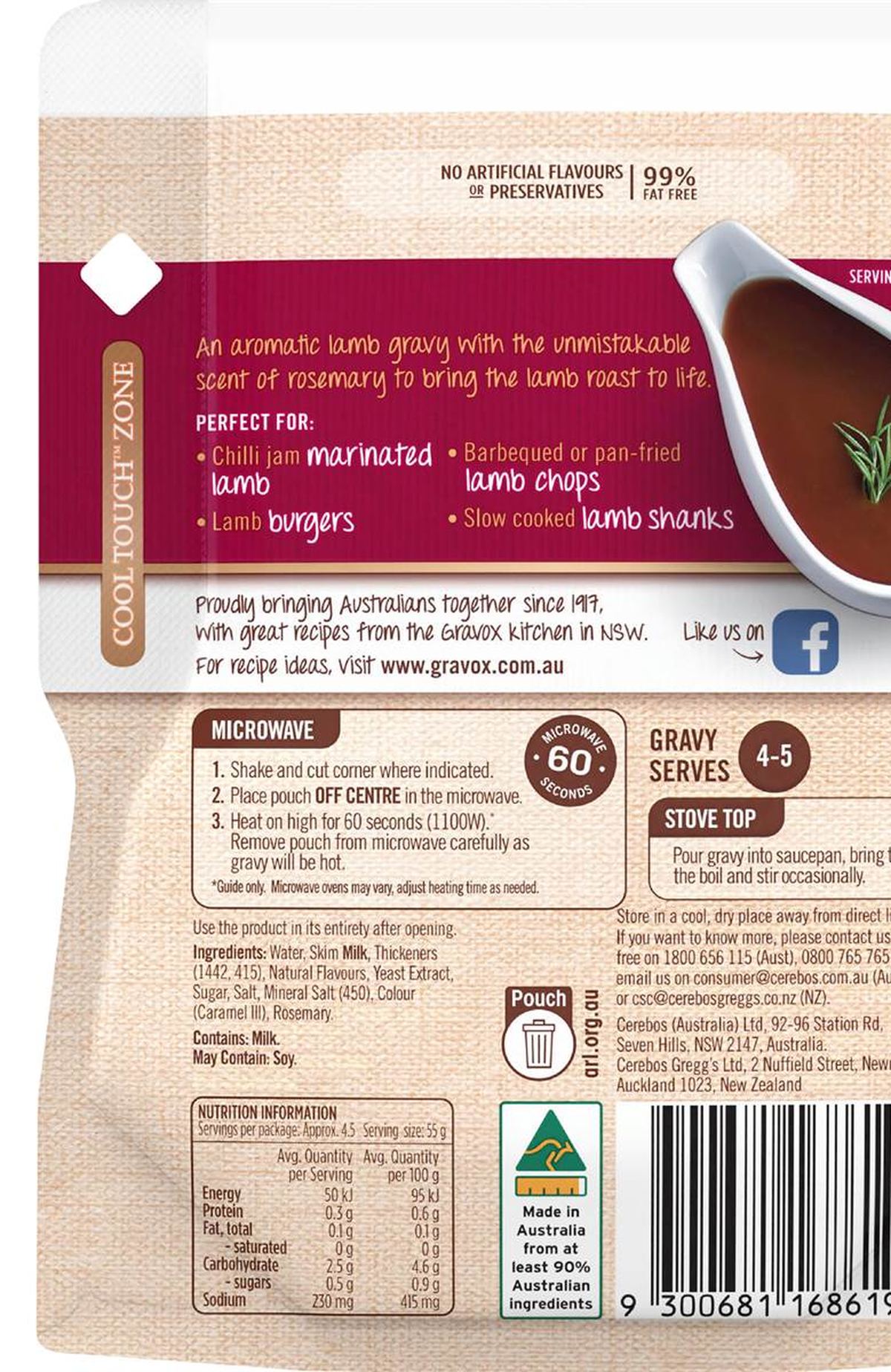 Pack photograph of Gravox Lamb & Rosemary Liquid Family Pack 250g showing the printed nutrition panel