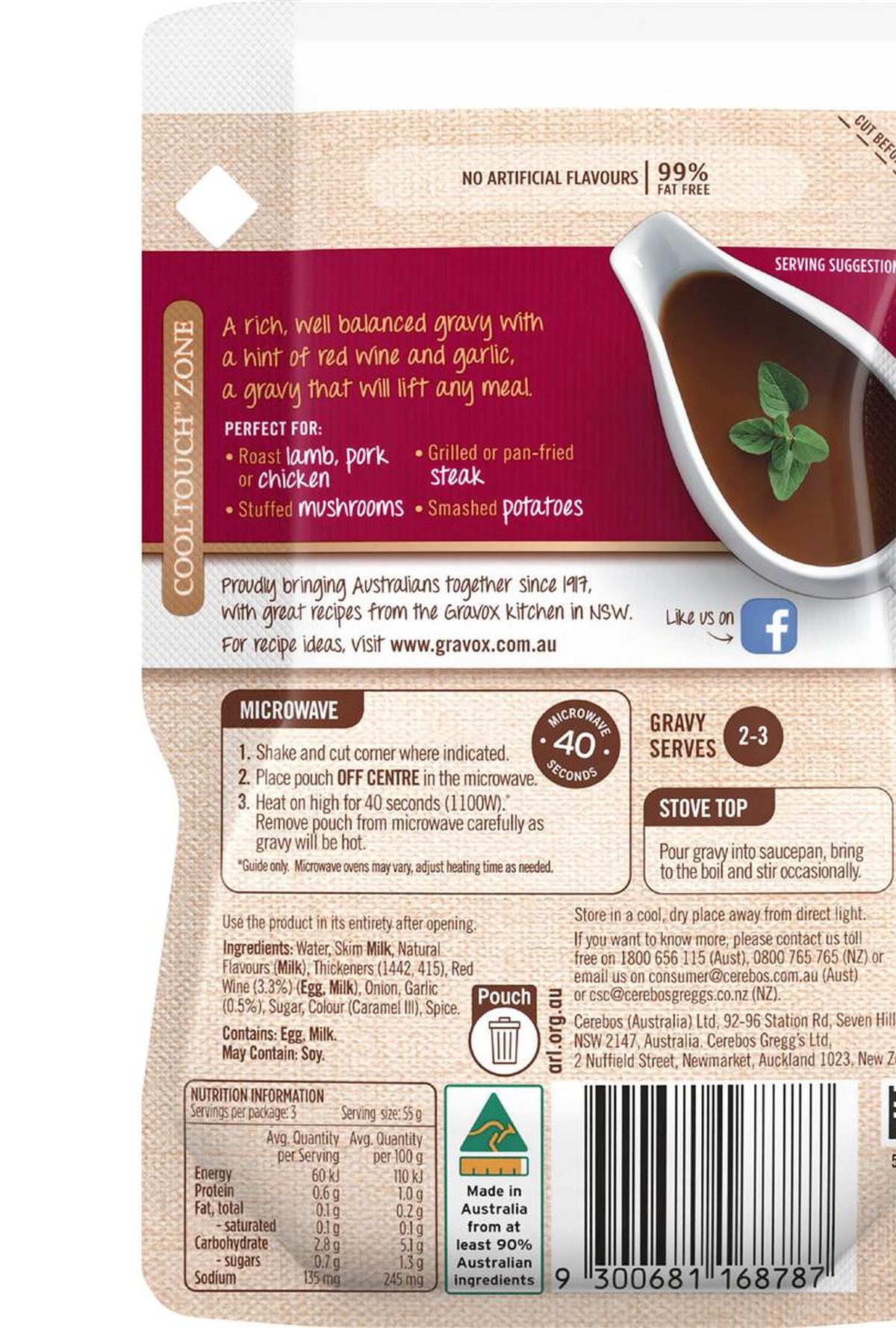 Pack photograph of Gravox Roast Meat Red Wine & Garlic Liquid Gravy Pouch 165g showing the printed nutrition panel