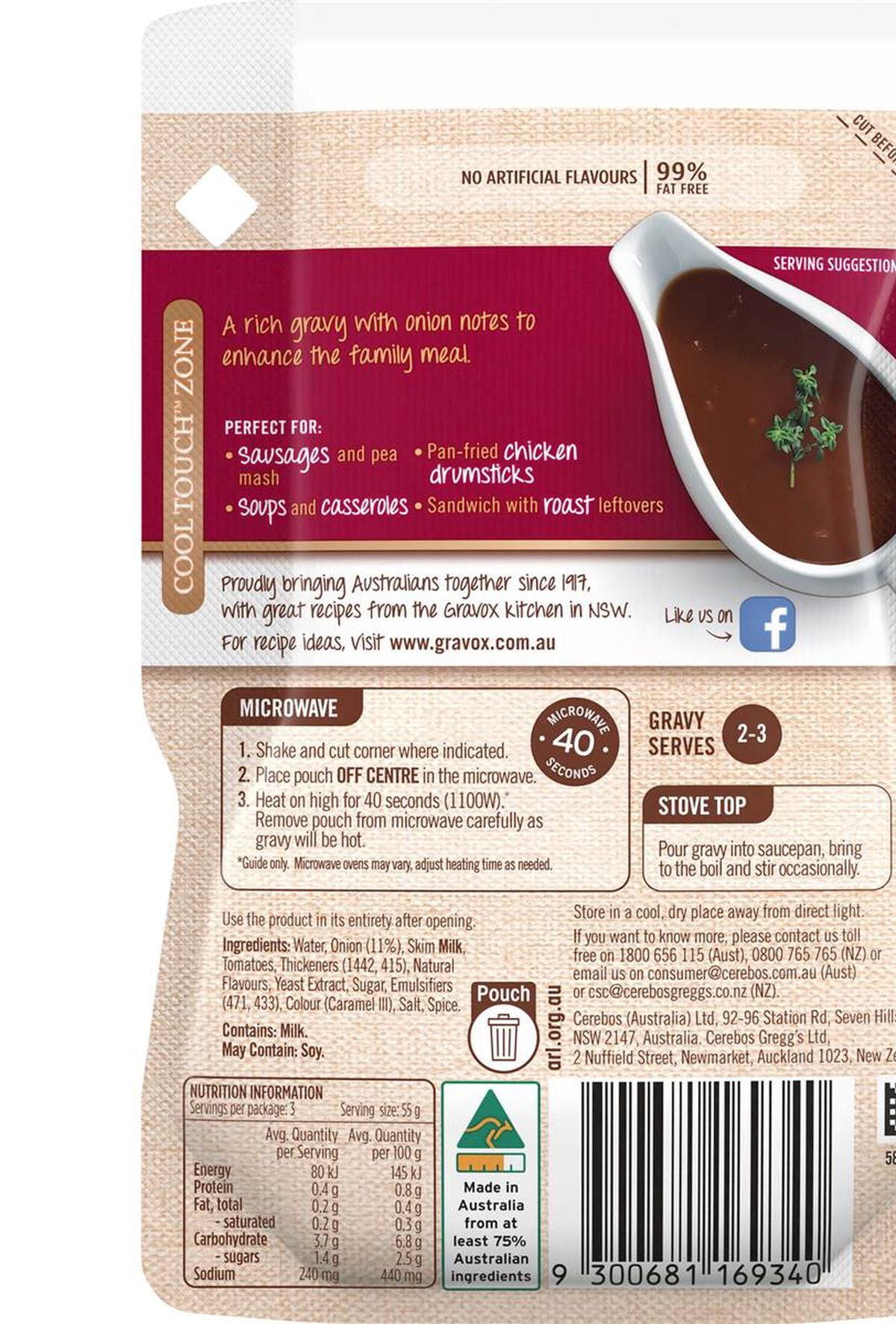 Pack photograph of Gravox Brown Onion Liquid Gravy Pouch BROWN ONION 165g showing the printed nutrition panel