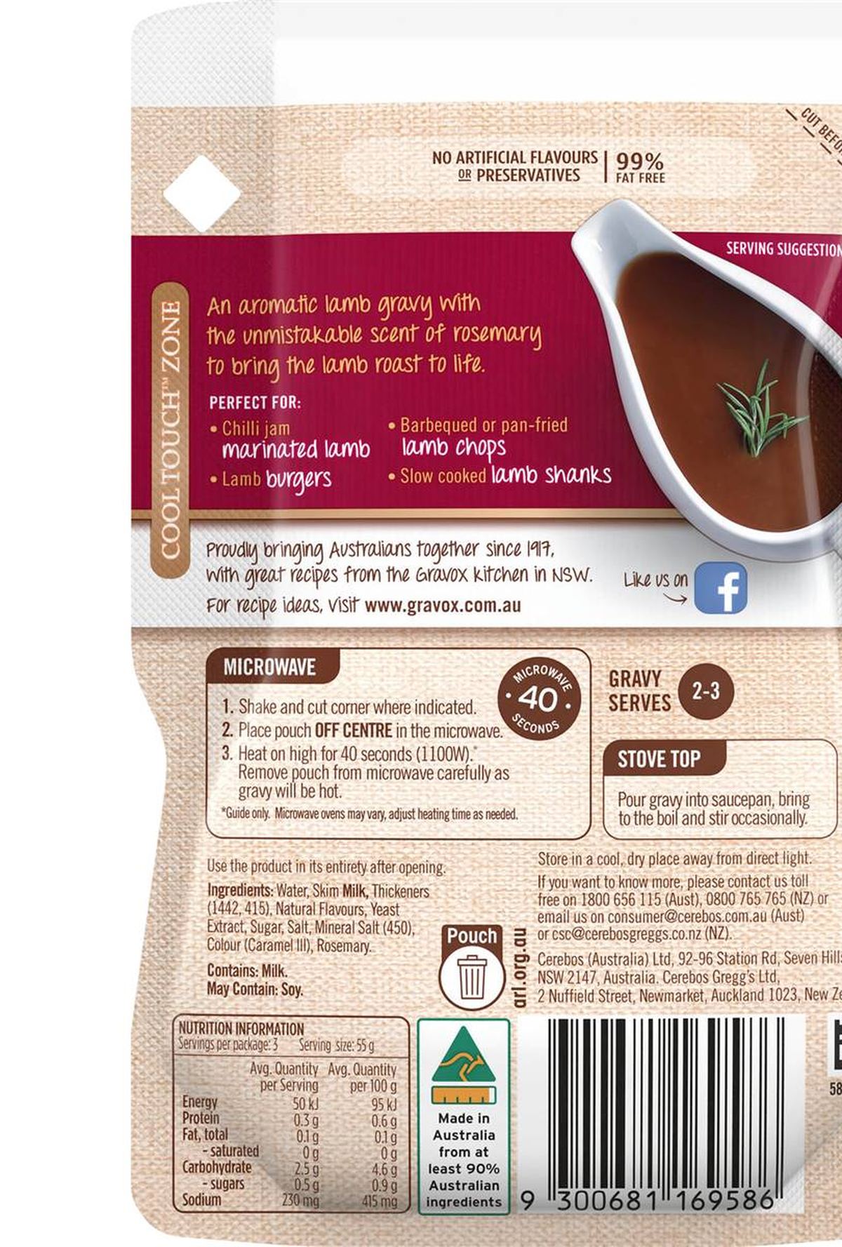 Pack photograph of Gravox Lamb & Rosemary Liquid Gravy Pouch 165g showing the printed nutrition panel