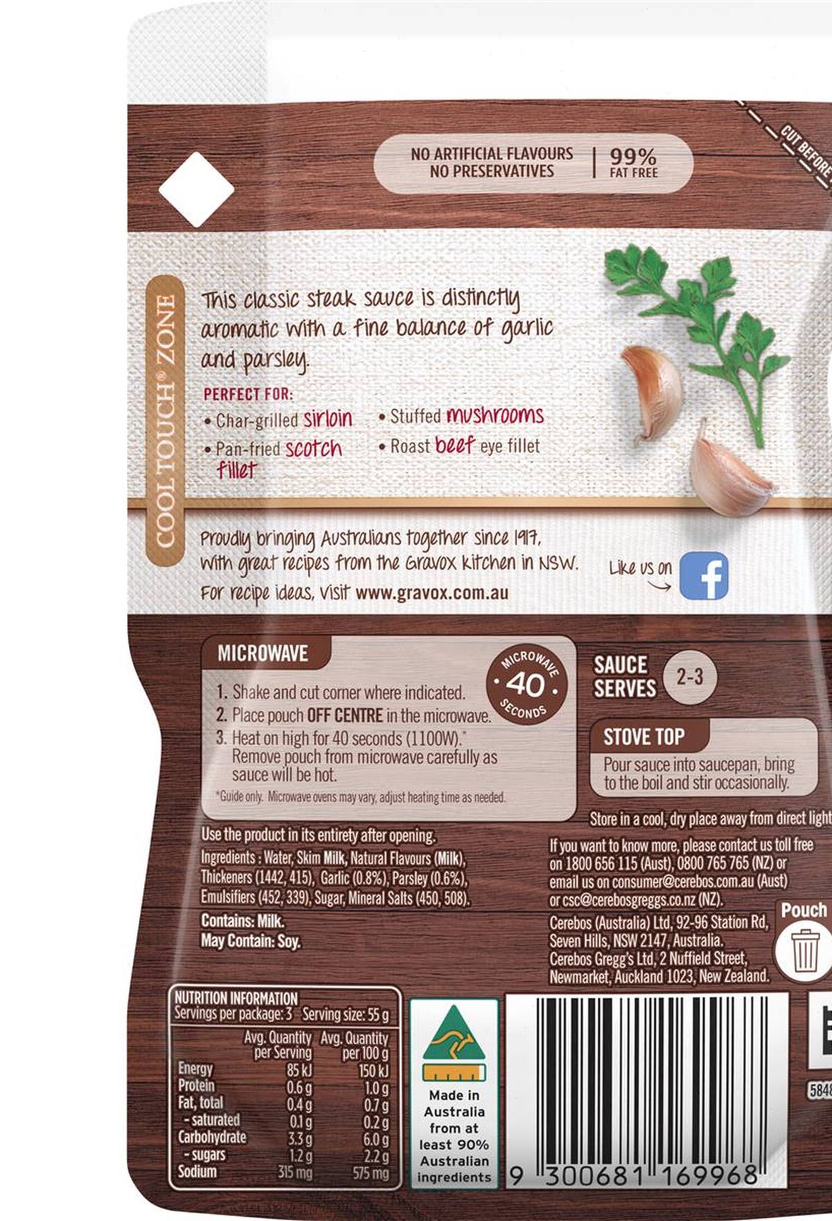 Pack photograph of Gravox Diane Liquid Sauce Pouch 165g showing the printed nutrition panel