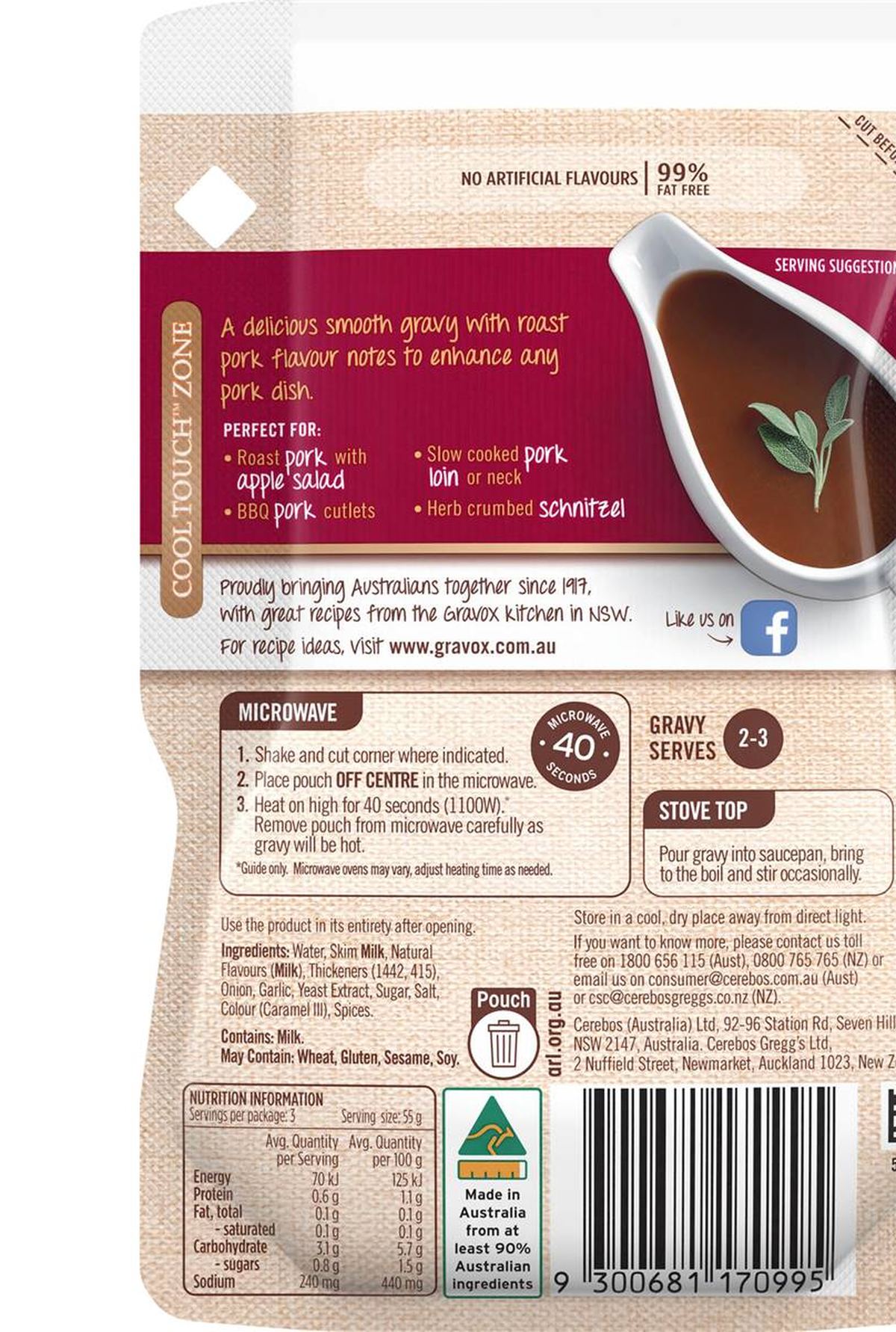 Pack photograph of Gravox Roast Pork Liquid Gravy Pouch ROAST PORK 165g showing the printed nutrition panel