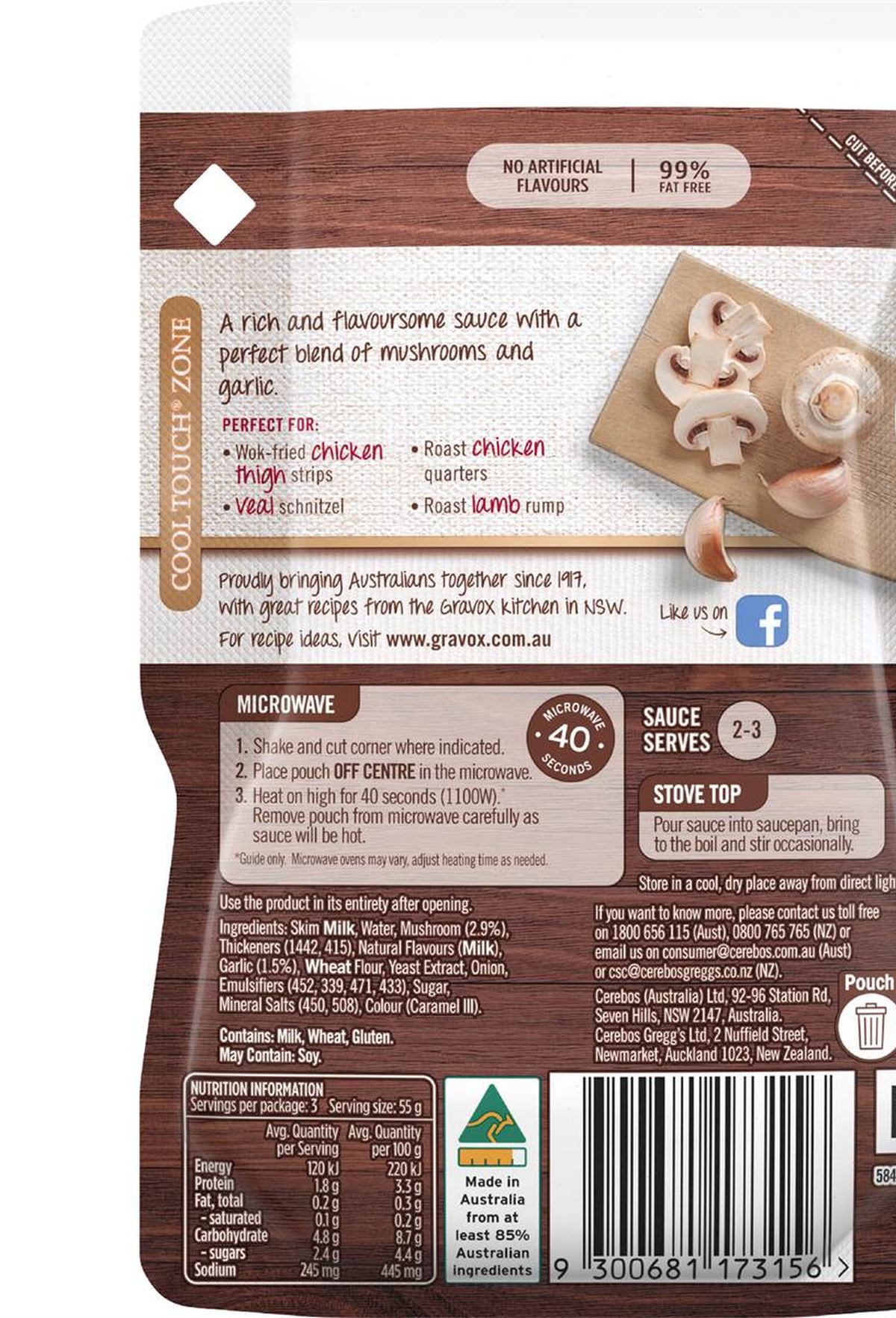 Pack photograph of Gravox Mushroom & Garlic Liquid Sauce Pouch 165g showing the printed nutrition panel