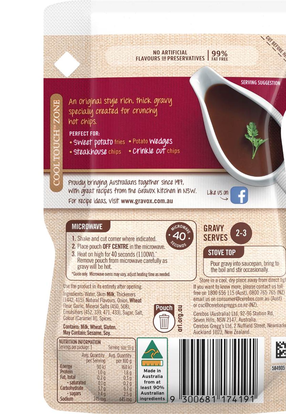 Pack photograph of Gravox Chip Liquid Gravy Pouch 165g showing the printed nutrition panel