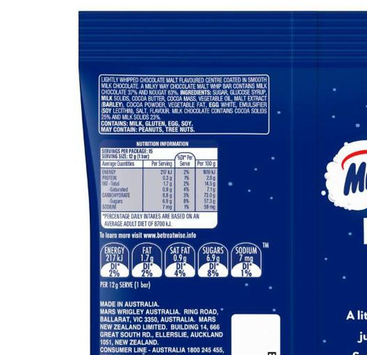 Pack photograph of Milky Way Milk Chocolate Fun Size Bars 180g 15 pack showing the printed nutrition panel