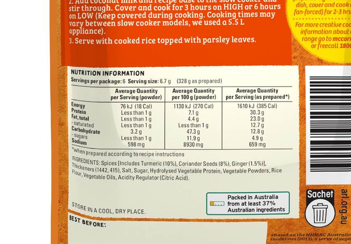 Pack photograph of McCormick Slow Cooker Mild Chicken Curry Recipe Base 40g showing the printed nutrition panel