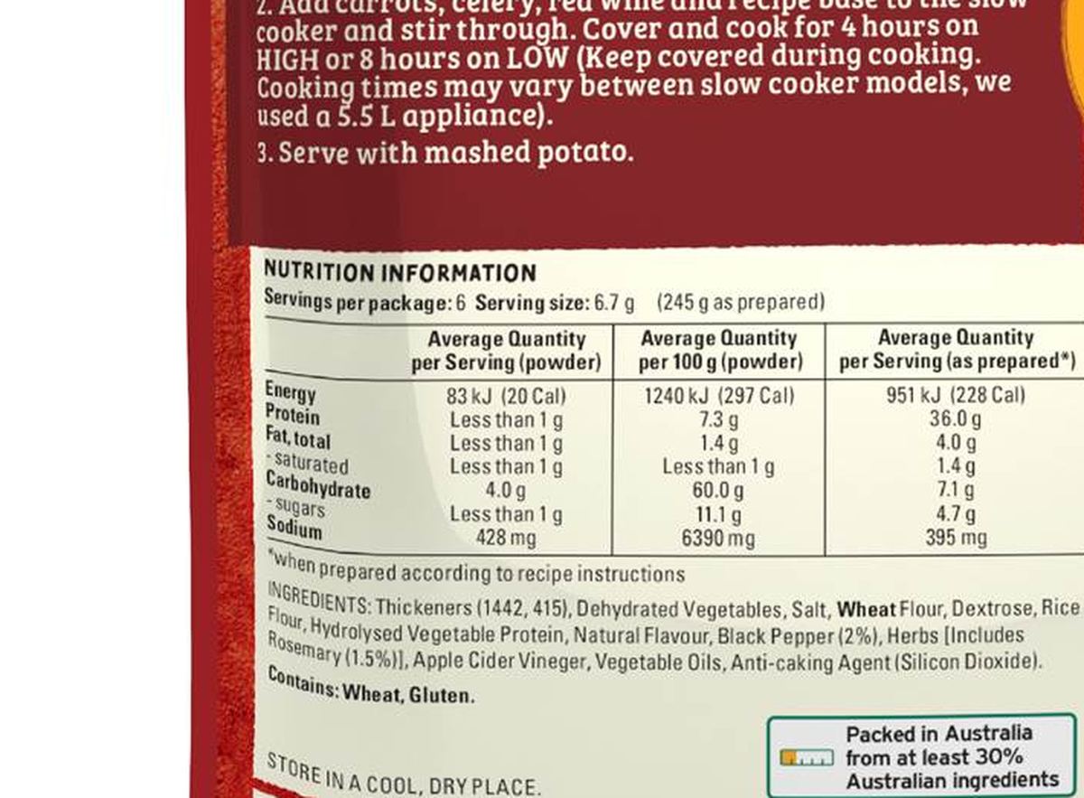 Pack photograph of McCormick Slow Cooker Beef & Red Wine Casserole Recipe Base 40g showing the printed nutrition panel
