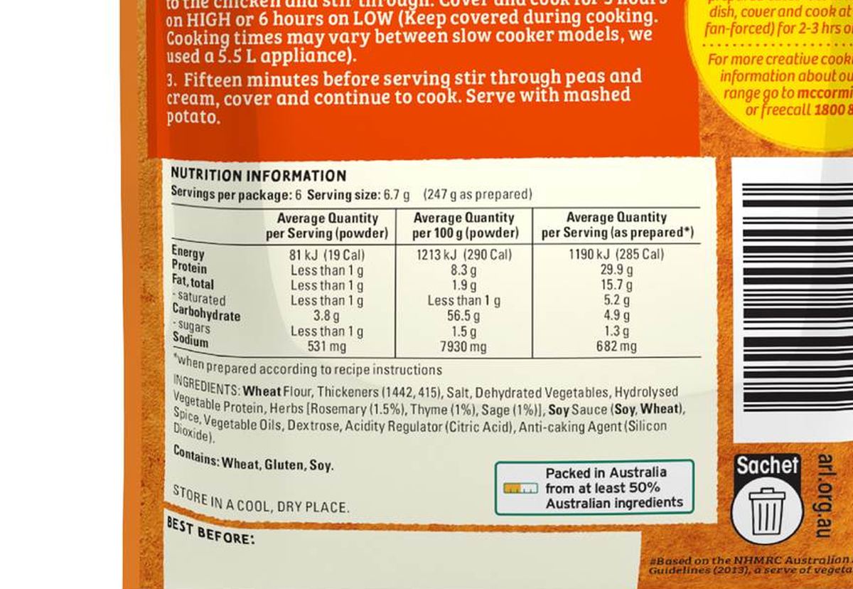 Pack photograph of McCormick Slow Cooker Country Chicken Casserole Recipe Base 40g showing the printed nutrition panel