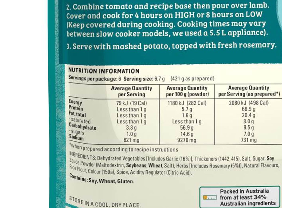 Pack photograph of McCormick Slow Cooker Garlic & Herb Lamb Shanks Recipe Base 40g showing the printed nutrition panel