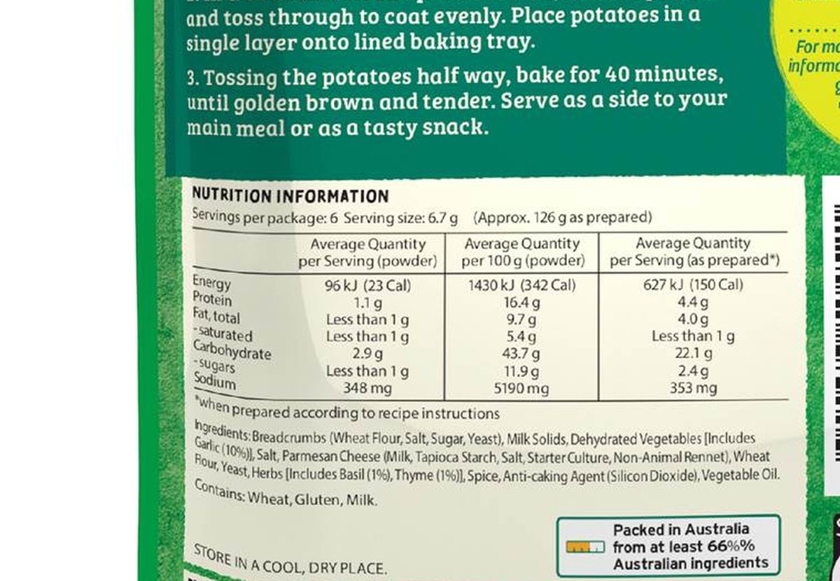 Pack photograph of McCormick Italian Herb Potatoes Recipe Base 40g showing the printed nutrition panel