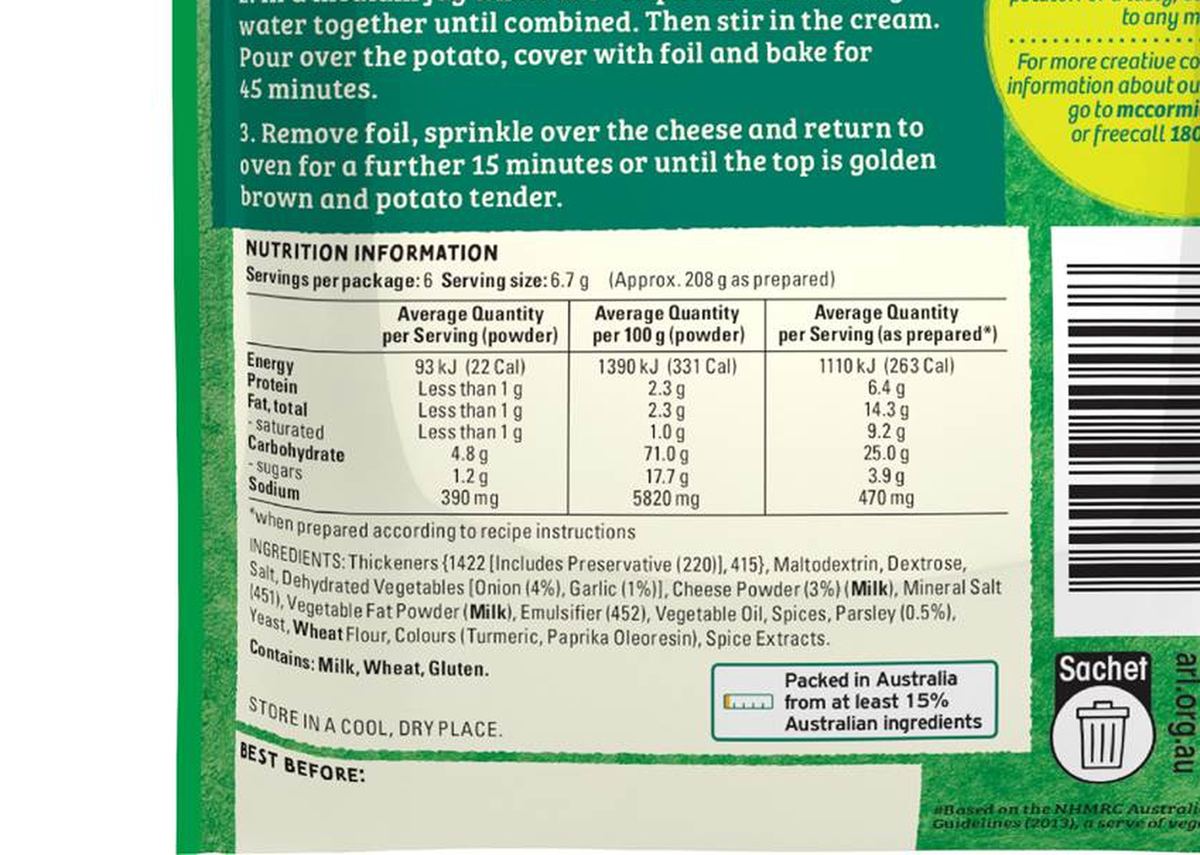 Pack photograph of McCormick Scalloped Potatoes Recipe Base 40g showing the printed nutrition panel