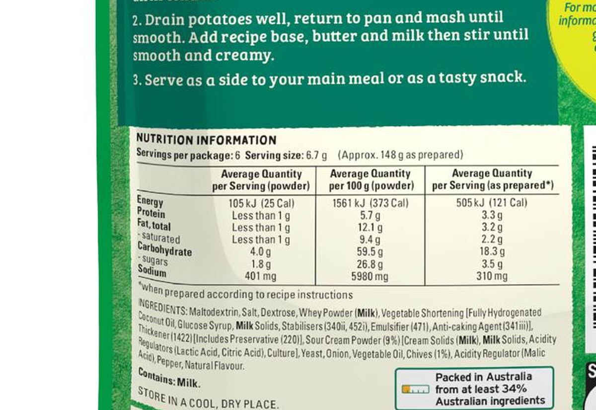 Pack photograph of McCormick Sour Cream & Chive Potato Mash Recipe Base 40g showing the printed nutrition panel
