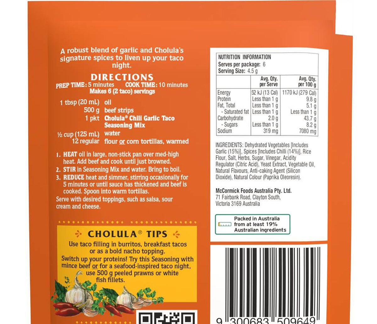 Pack photograph of Cholula Chilli Garlic Taco Spice Seasoning Mix 28g showing the printed nutrition panel