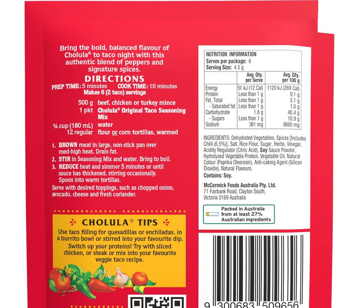 Pack photograph of Cholula Original Taco Spice Seasoning Mix 28g showing the printed nutrition panel