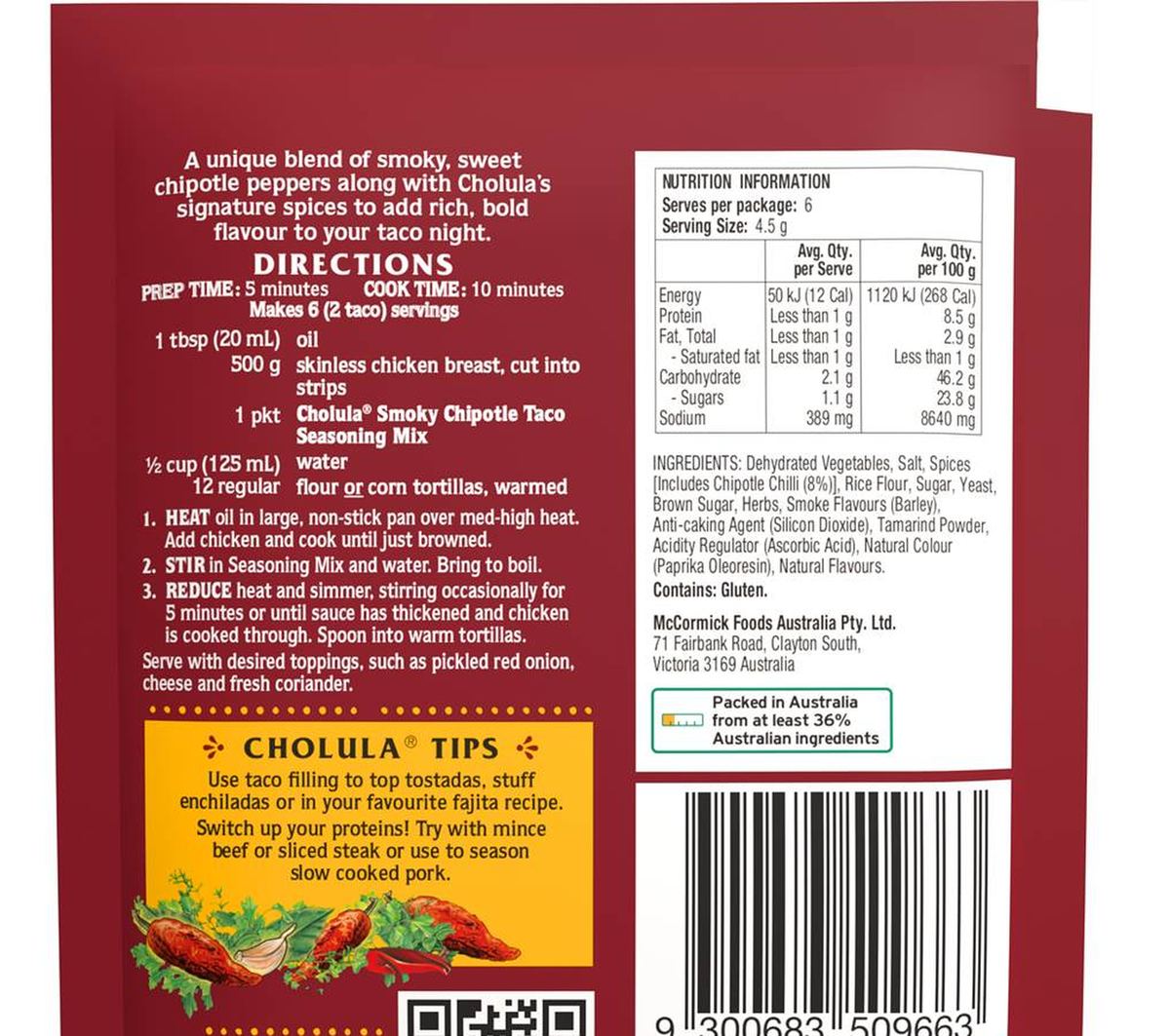 Pack photograph of Cholula Smoky Chipotle Taco Spice Seasoning Mix 28g showing the printed nutrition panel