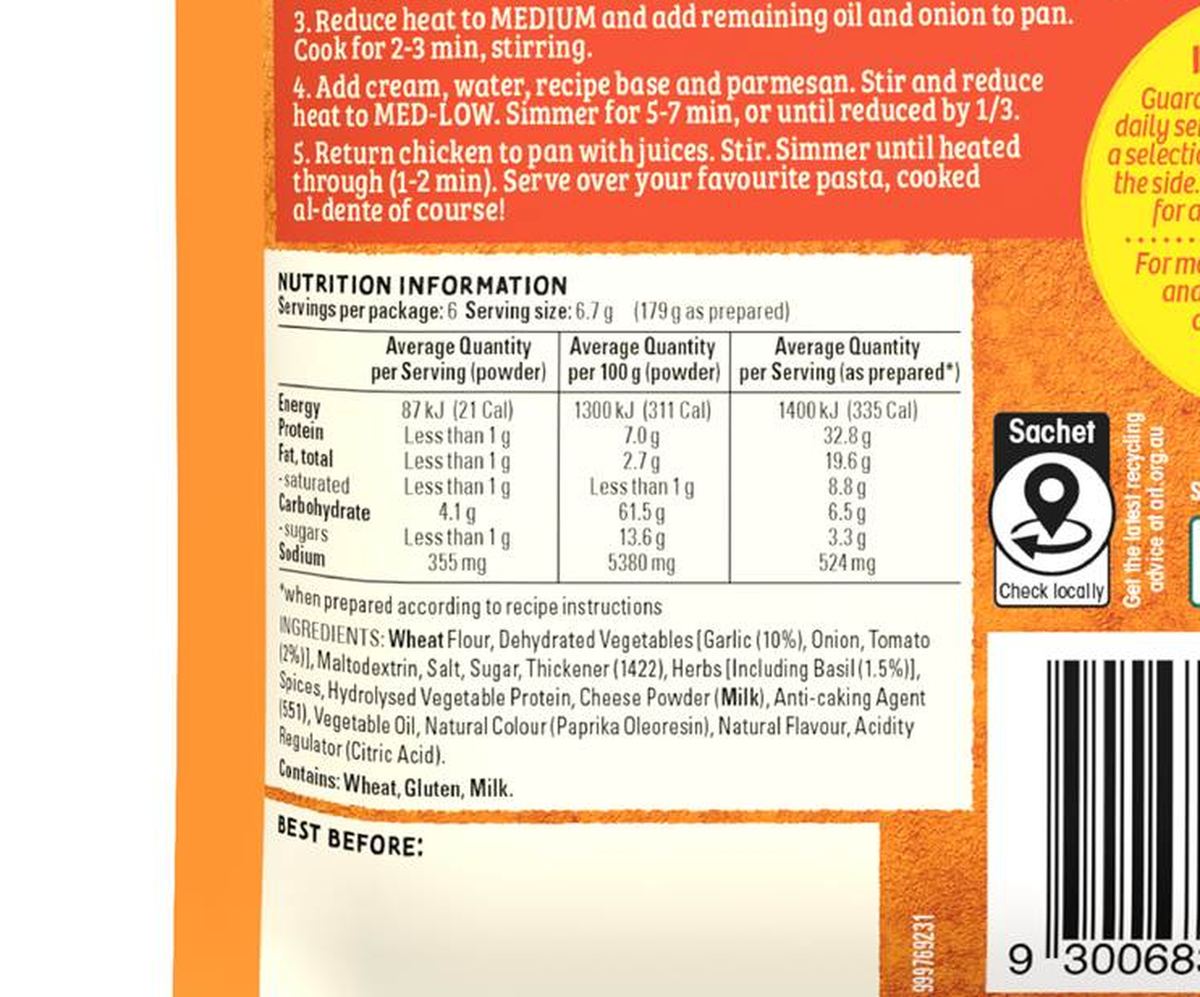 Pack photograph of McCormick Marry Me Chicken Recipe Base 40g showing the printed nutrition panel