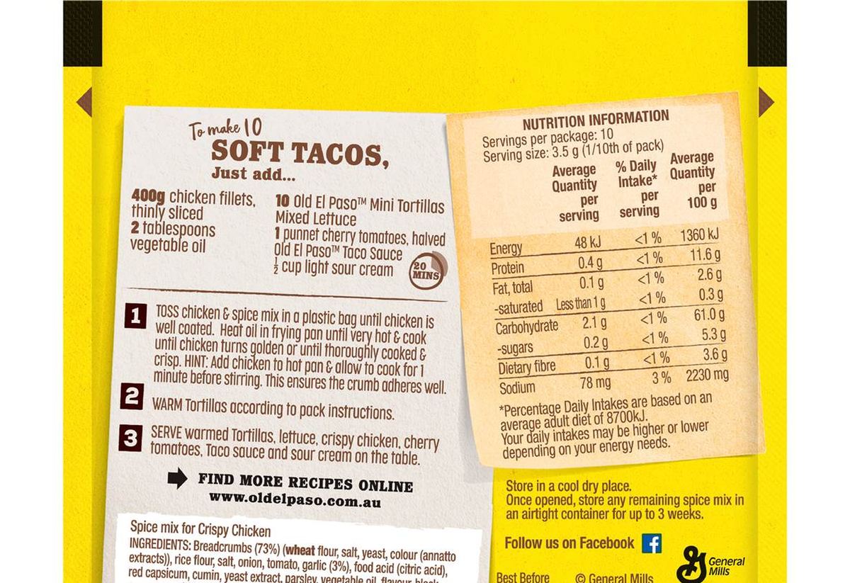 Pack photograph of Old El Paso Crispy Chicken Spice Mix Mexican Style 35g showing the printed nutrition panel