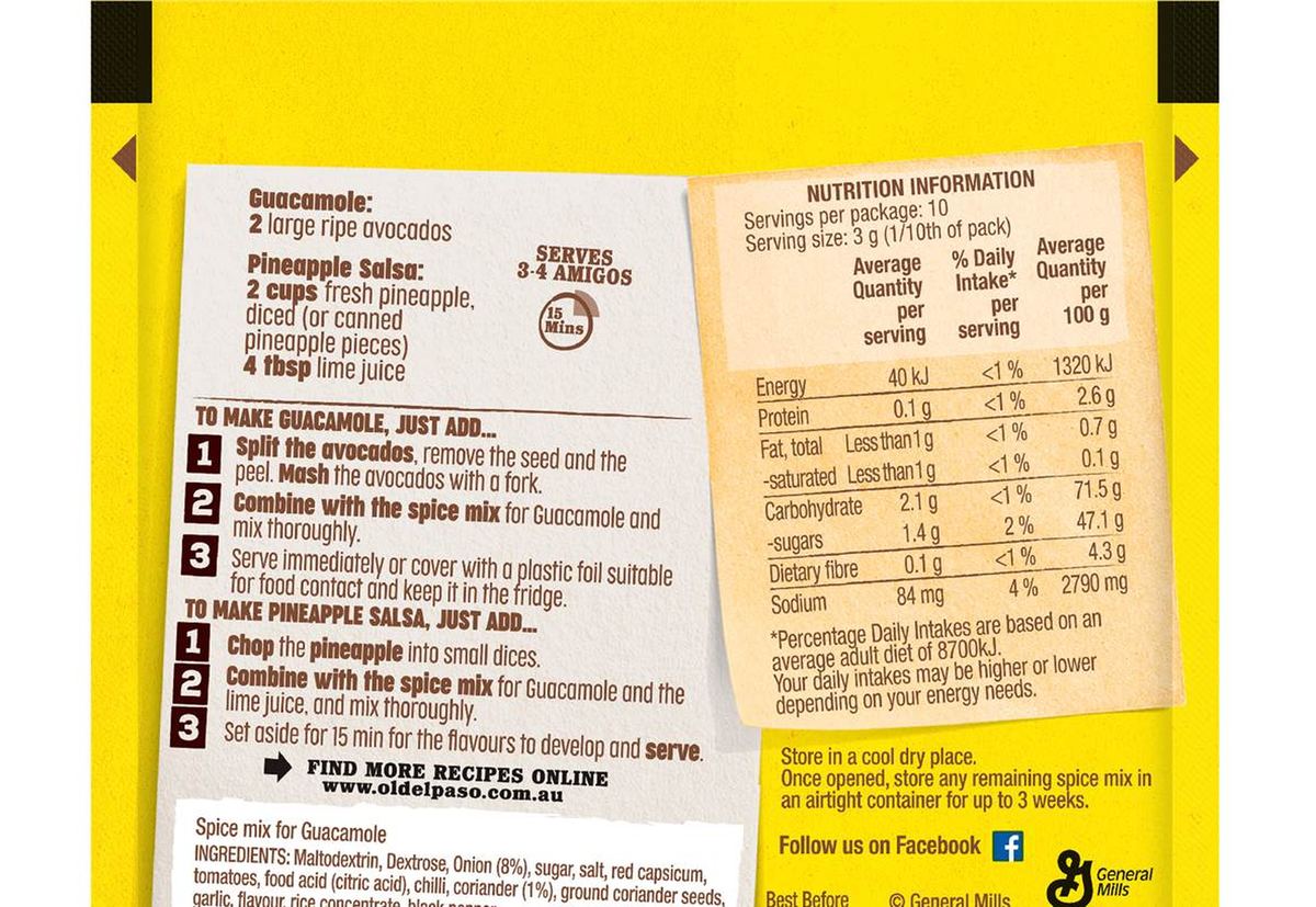 Pack photograph of Old El Paso Guacamole Spice Mix 30g showing the printed nutrition panel
