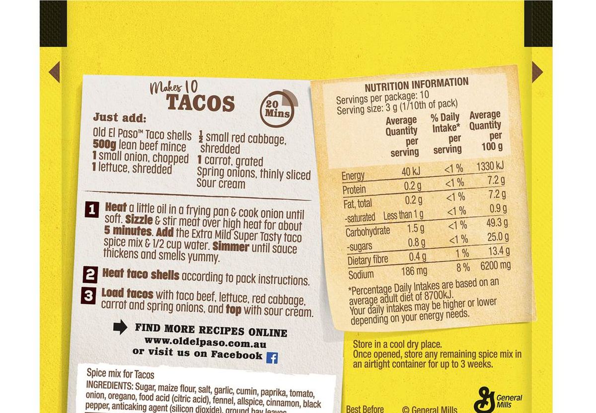 Pack photograph of Old El Paso Taco Spice Mix Extra Mild 30g showing the printed nutrition panel