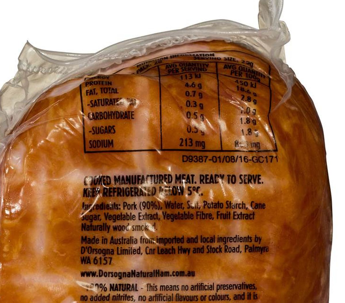 Pack photograph of D'Orsogna Natural Leg Ham Portion 700g showing the printed nutrition panel