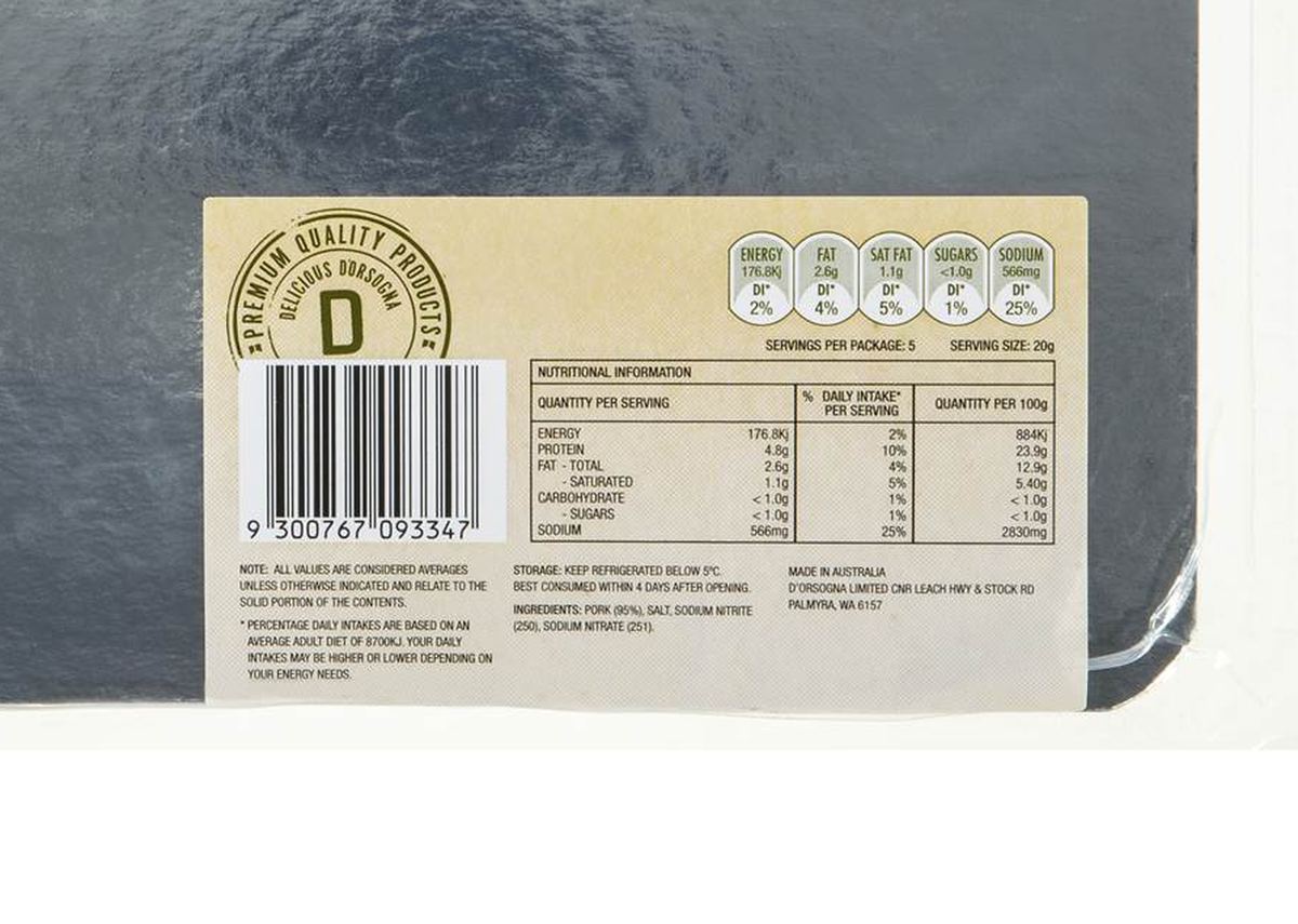 Pack photograph of D'Orsogna Prosciutto 100g showing the printed nutrition panel