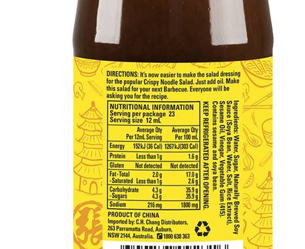 Pack photograph of Chang's Salad Dressing Oriental 280mL showing the printed nutrition panel