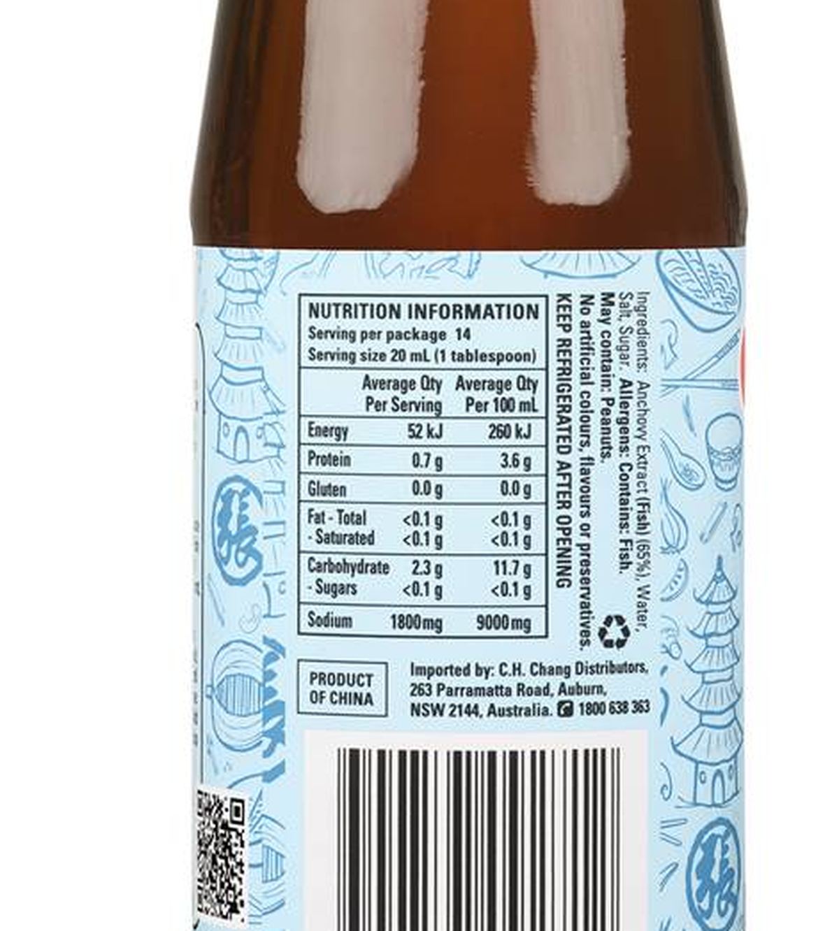 Pack photograph of Chang's Original Fish Sauce 280mL showing the printed nutrition panel