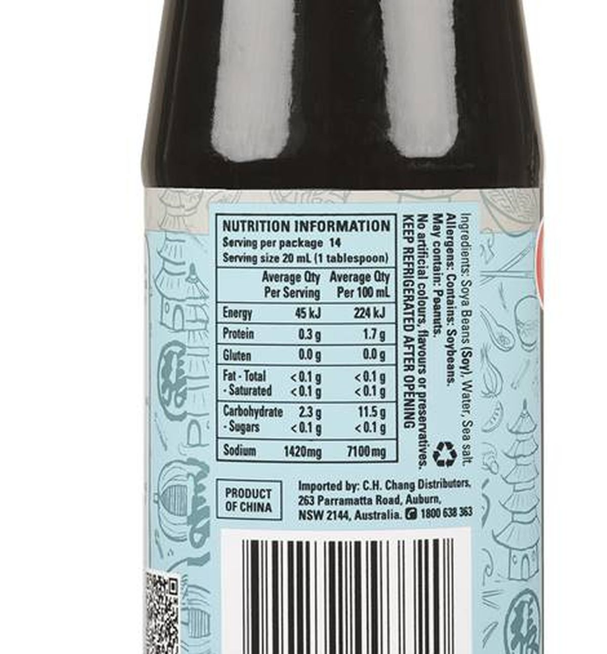 Pack photograph of Chang's Tamari Light Soy Sauce 280mL showing the printed nutrition panel