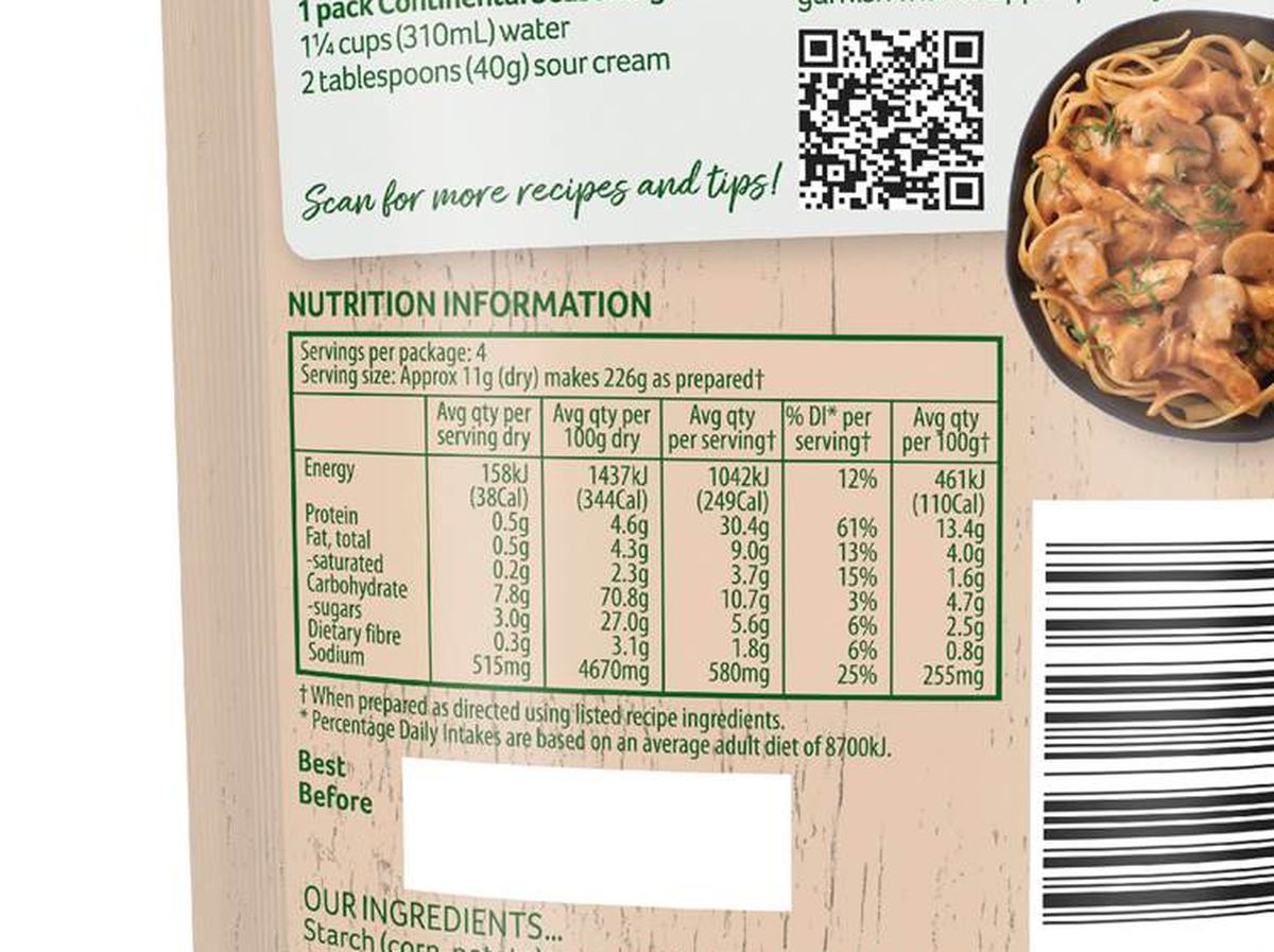 Pack photograph of Continental Recipe Base Creamy Chicken Stroganoff 40g showing the printed nutrition panel