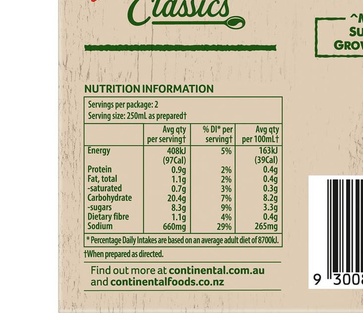 Pack photograph of Continental Cup A Soup Tasty Tomato 2 Pack 54g showing the printed nutrition panel
