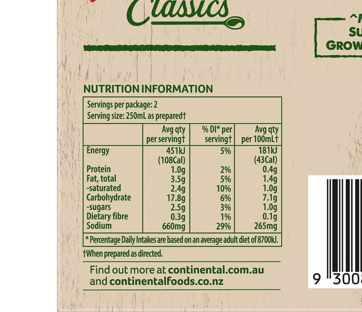 Pack photograph of Continental Classics Cup A Soup Pepper Steak & Mushroom 52g showing the printed nutrition panel