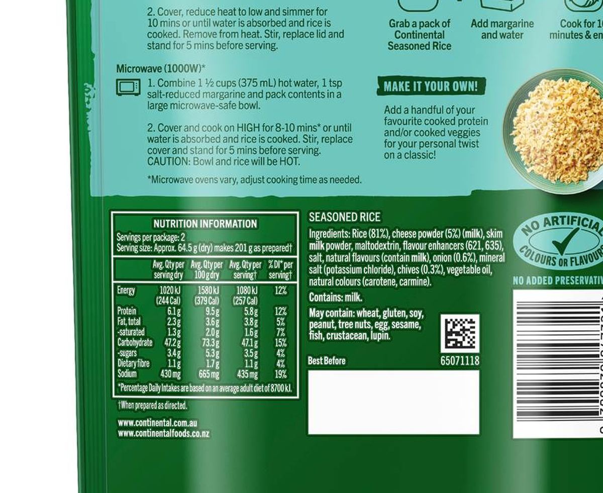 Pack photograph of Continental Classics Tasty Cheesy Rice Serves 2 125g showing the printed nutrition panel