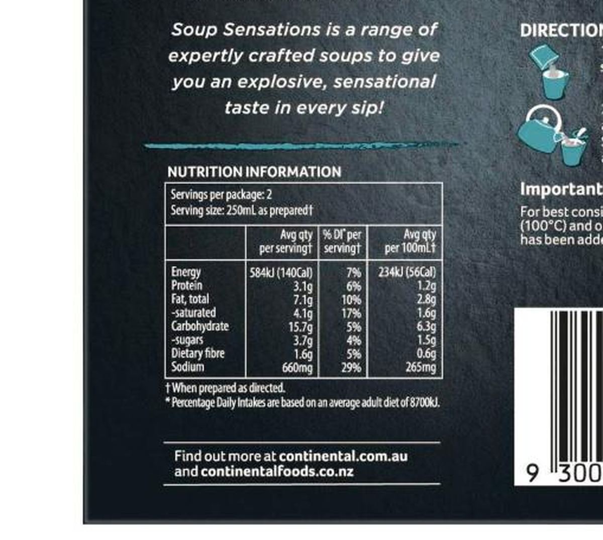 Pack photograph of Continental Soup Sensations Garden Cauliflower & Four Cheese 31g x 2 pack showing the printed nutrition panel