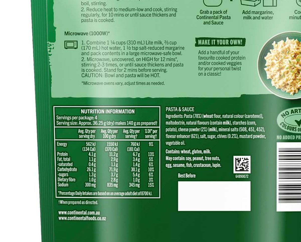 Pack photograph of Continental Pasta & Sauce Alfredo 145g showing the printed nutrition panel