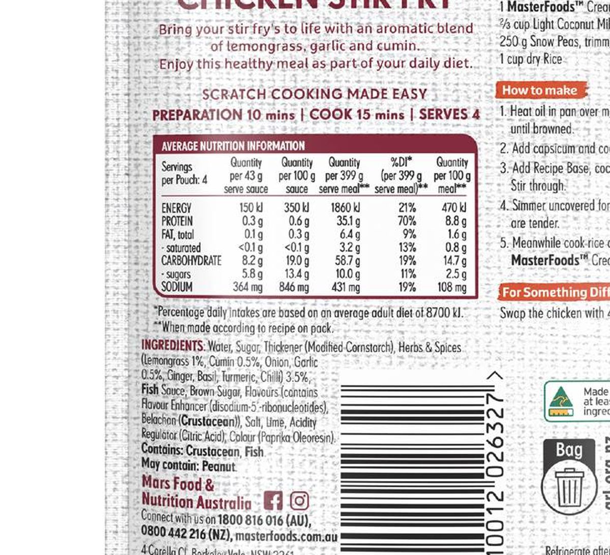 Pack photograph of MasterFoods Stir Fry Recipe Base Creamy Thai Chicken 175g showing the printed nutrition panel