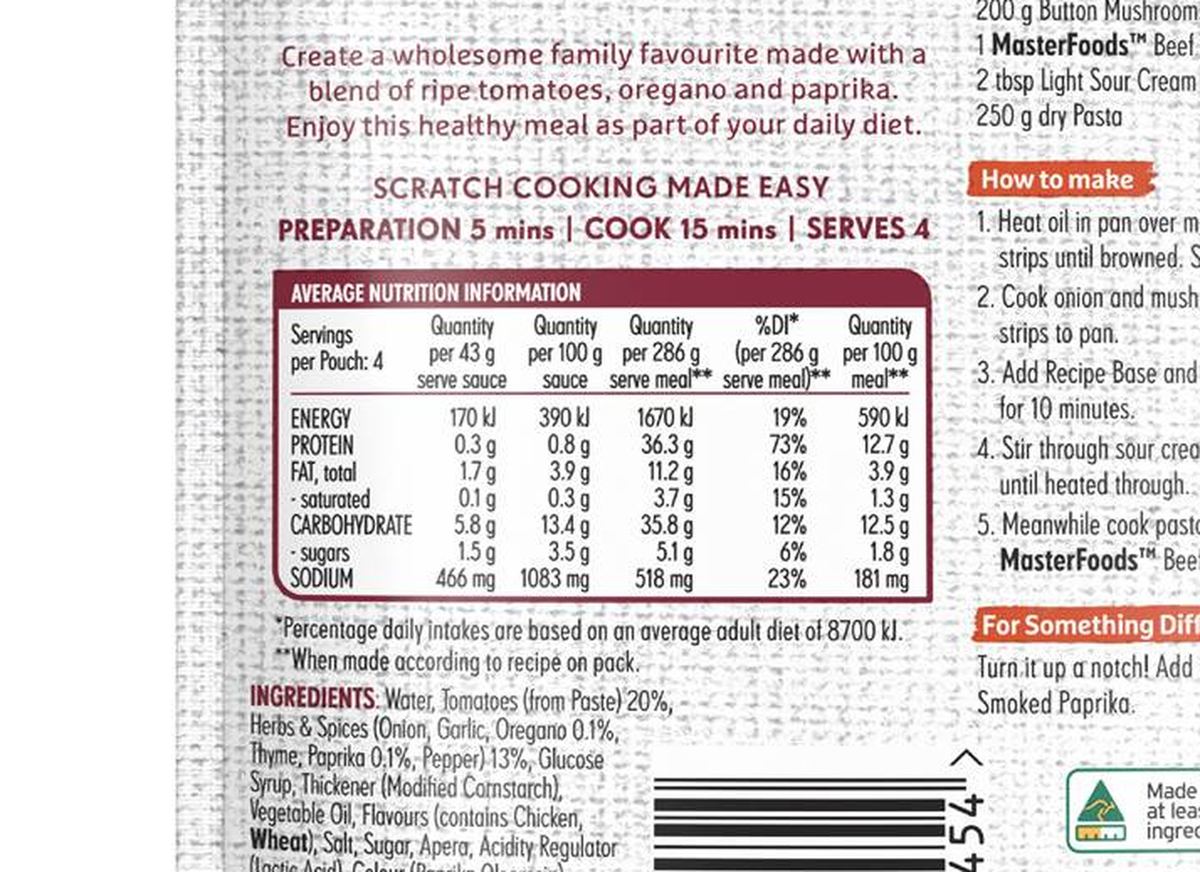 Pack photograph of MasterFoods Beef Stroganoff Recipe Base 175g showing the printed nutrition panel