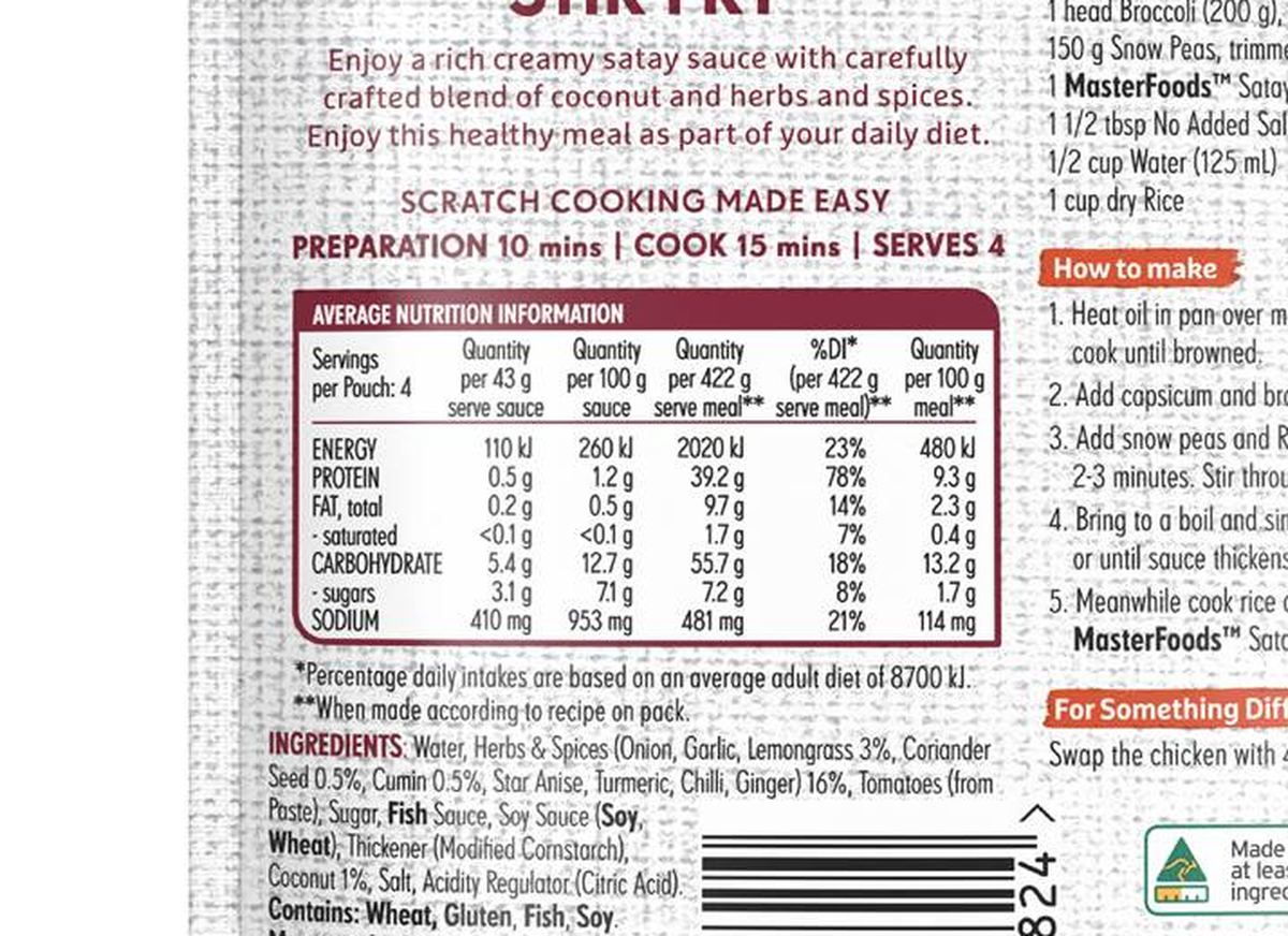 Pack photograph of MasterFoods Satay Chicken Stir Fry Recipe Base 175g showing the printed nutrition panel