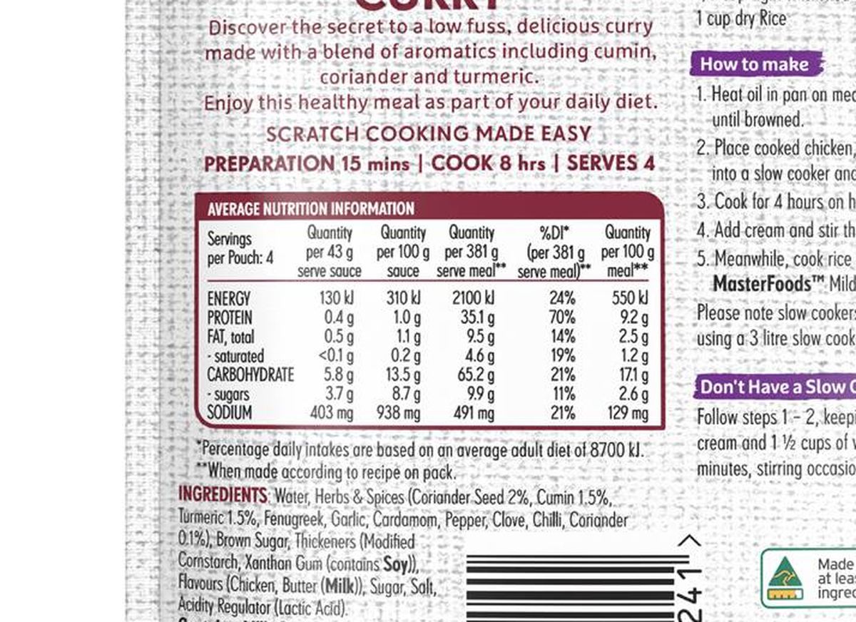 Pack photograph of MasterFoods Mild Chicken Curry Slow Cook Recipe Base 175g showing the printed nutrition panel