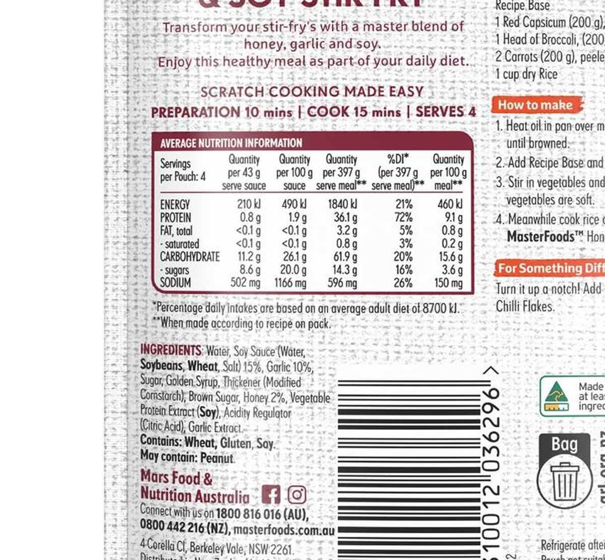 Pack photograph of MasterFoods Honey Garlic & Soy Stir Fry Recipe Base 175g showing the printed nutrition panel