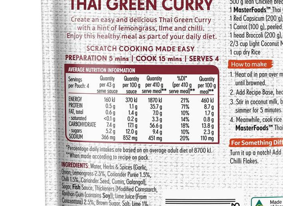 Pack photograph of MasterFoods Thai Green Curry Recipe Base 175g showing the printed nutrition panel
