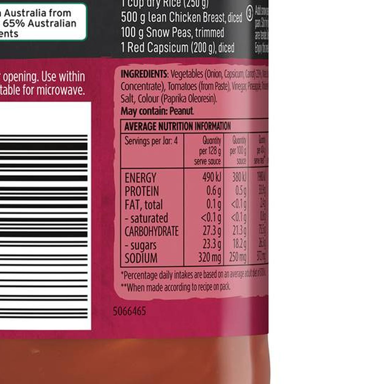 Pack photograph of Kan Tong Sweet & Sour Stir Fry Cooking Sauce 515g showing the printed nutrition panel