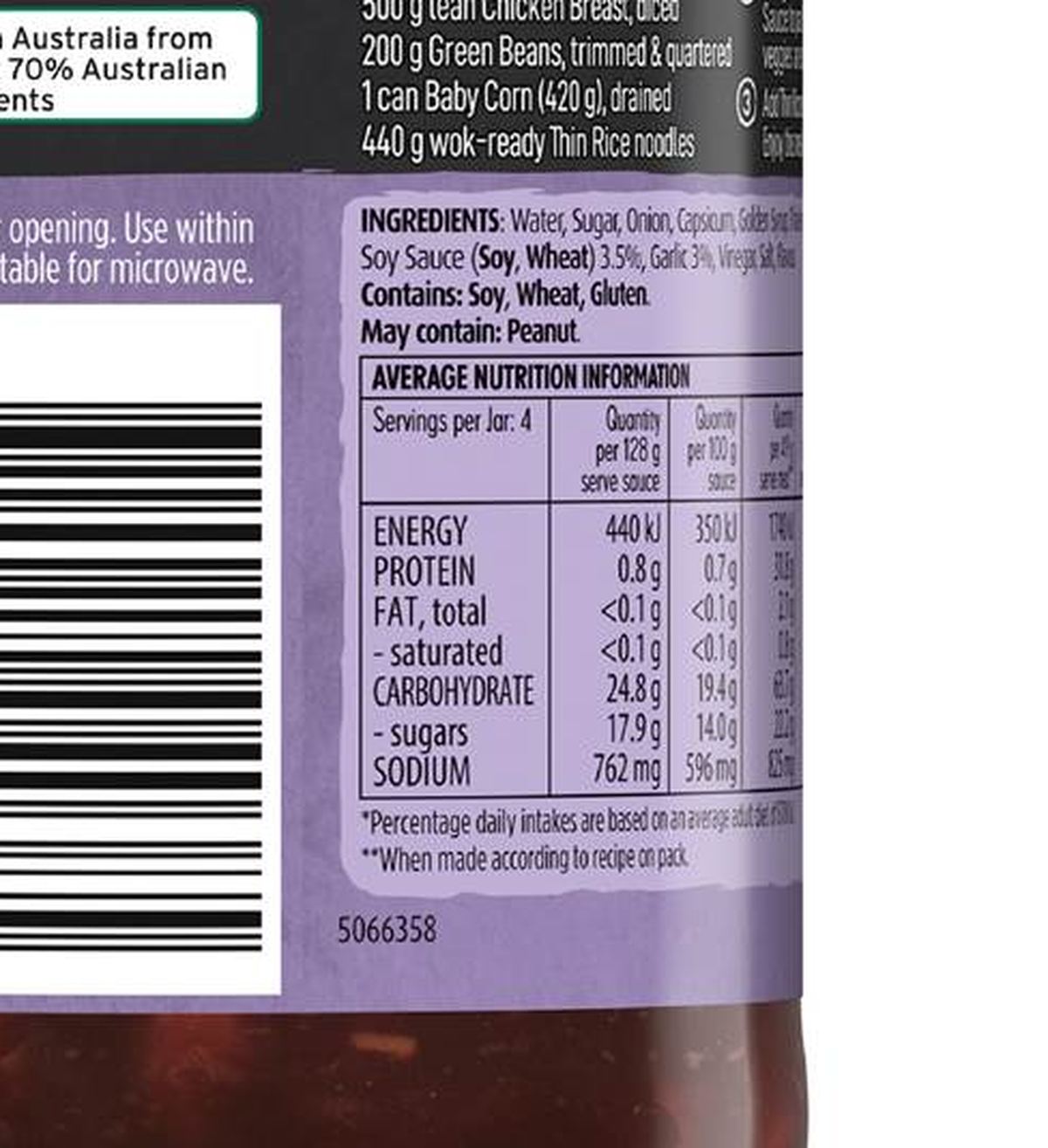 Pack photograph of Kan Tong Stir Fry Sauce Sweet Soy & Garlic 515g showing the printed nutrition panel