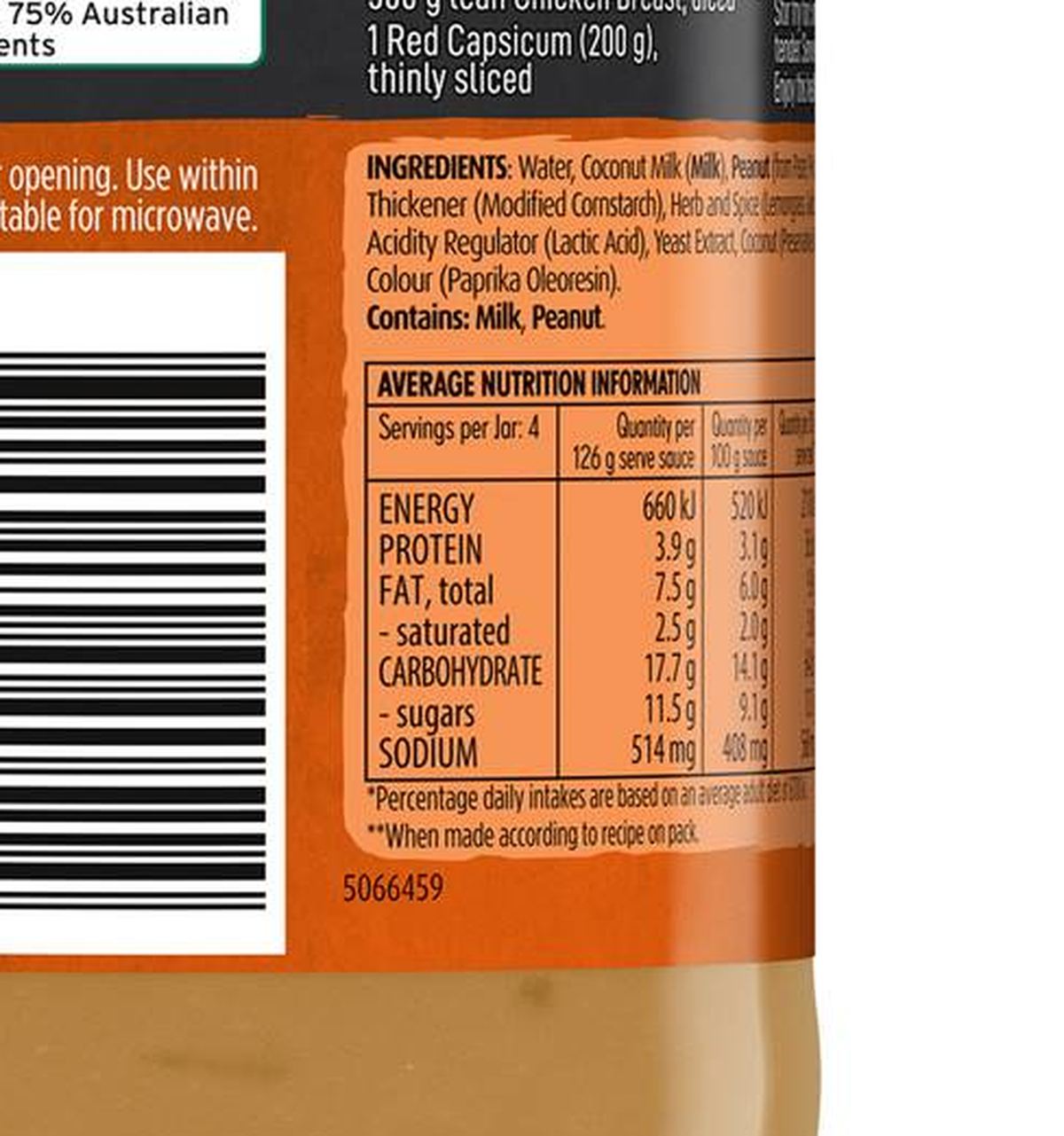 Pack photograph of Kan Tong Peanut Satay Stir Fry Cooking Sauce 505g showing the printed nutrition panel