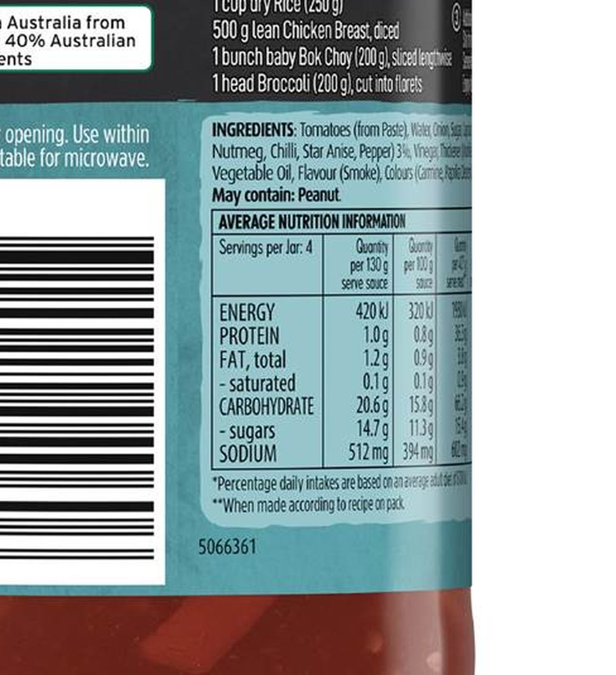 Pack photograph of Kan Tong Stir Fry Sauce Chinese Barbecue 520g showing the printed nutrition panel