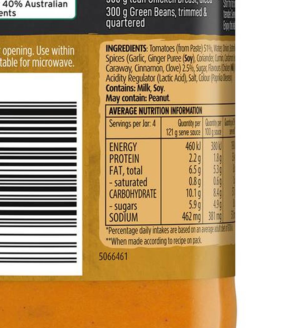 Pack photograph of Kan Tong Butter Chicken Cooking Sauce 485g showing the printed nutrition panel