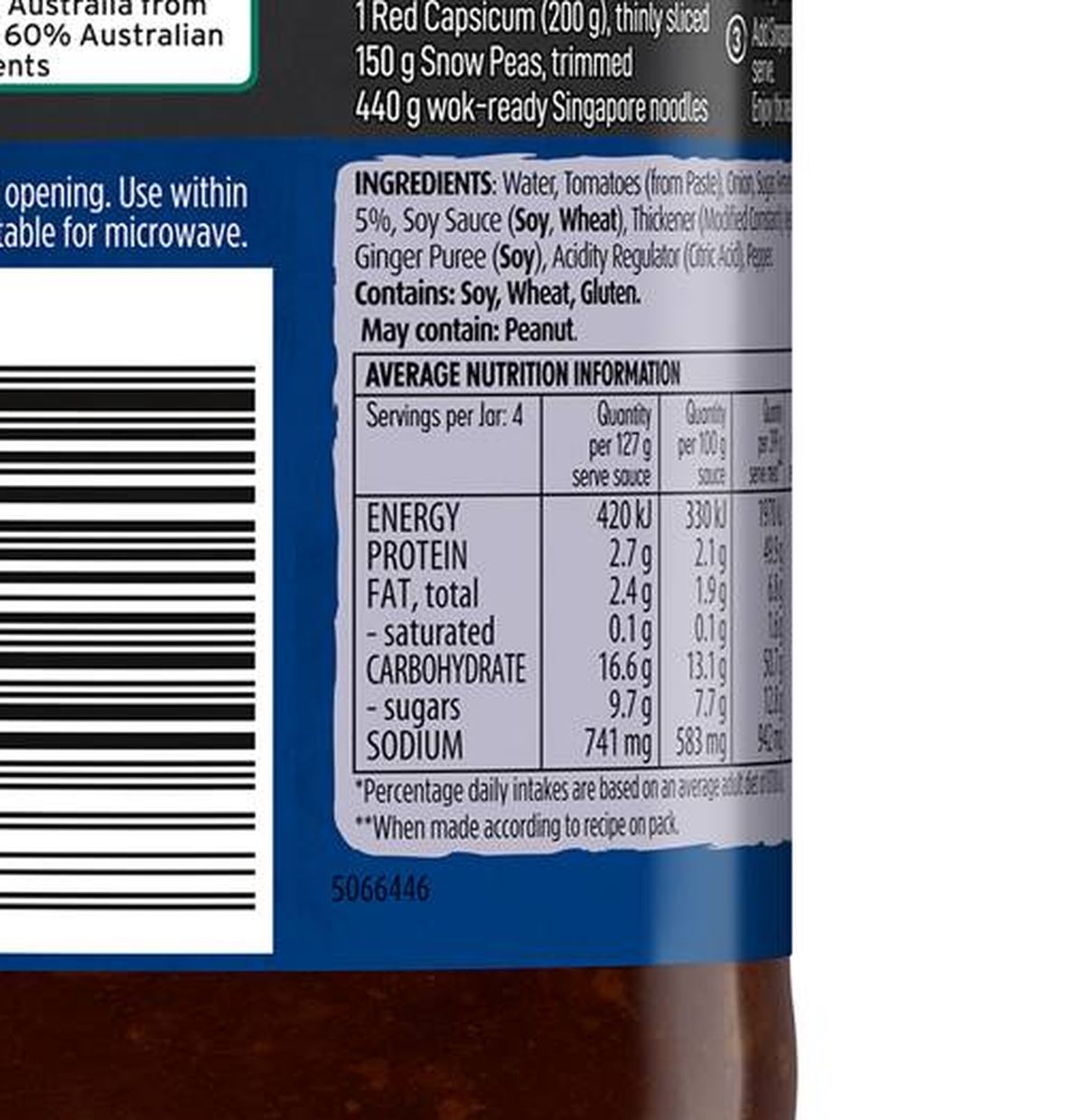 Pack photograph of Kan Tong Black Bean Stir Fry Cooking Sauce 510g showing the printed nutrition panel
